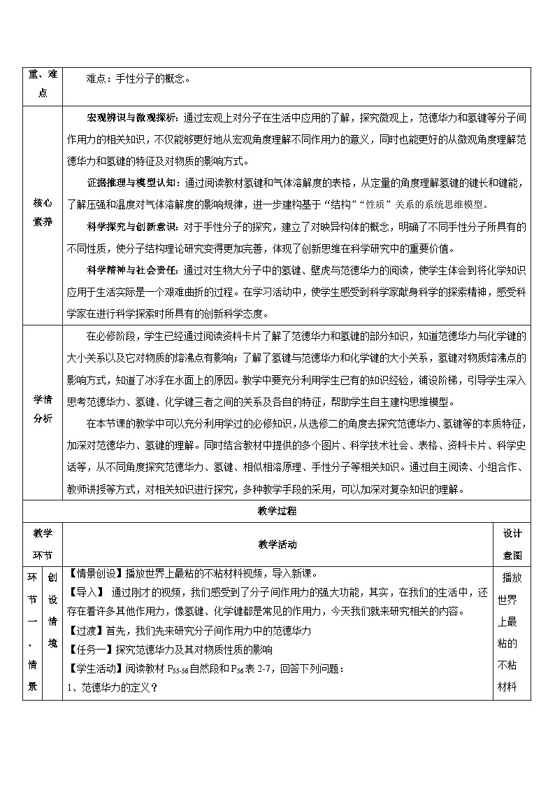 人教版(2019)高中化学必修二2.3.2《分子间的作用力、分子的手性》教案第2页
