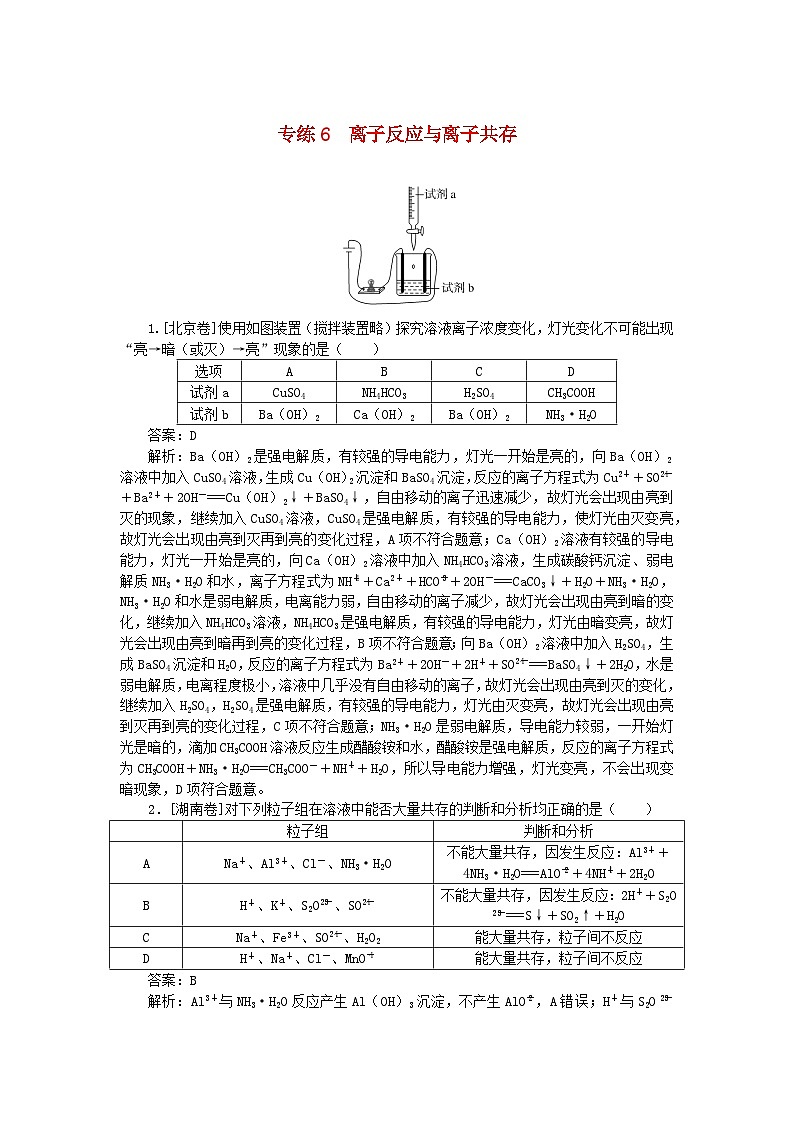 2025版高考化学一轮复习微专题小练习专练6离子反应与离子共存第1页