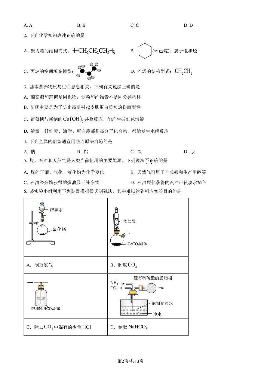 廣東省大灣區(qū)2023-2024學(xué)年高一下學(xué)期期末聯(lián)合考試化學(xué)試題（原卷版）第2頁