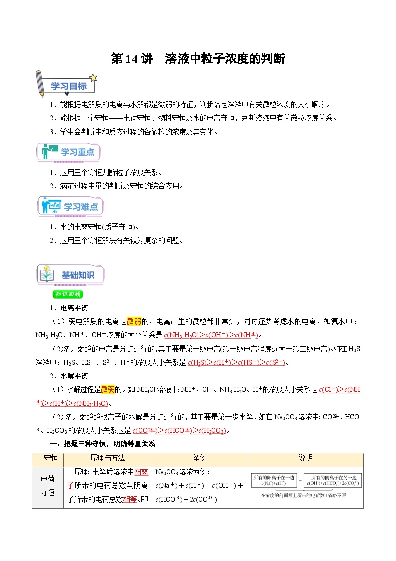 人教A版化学选择性必修一第14讲 溶液中粒子浓度的判断-讲义试卷【教师版】新高二化学暑假衔接（人教版）