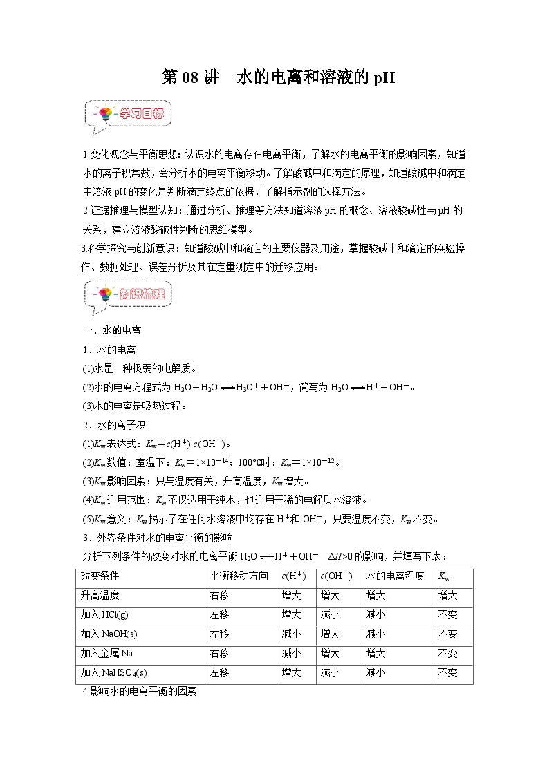 人教A版高二化学上册选择性必修一试卷讲义第08讲  水的电离和溶液的pH -【暑假衔接】新高二化学暑假精品课（人教版）（学生版）