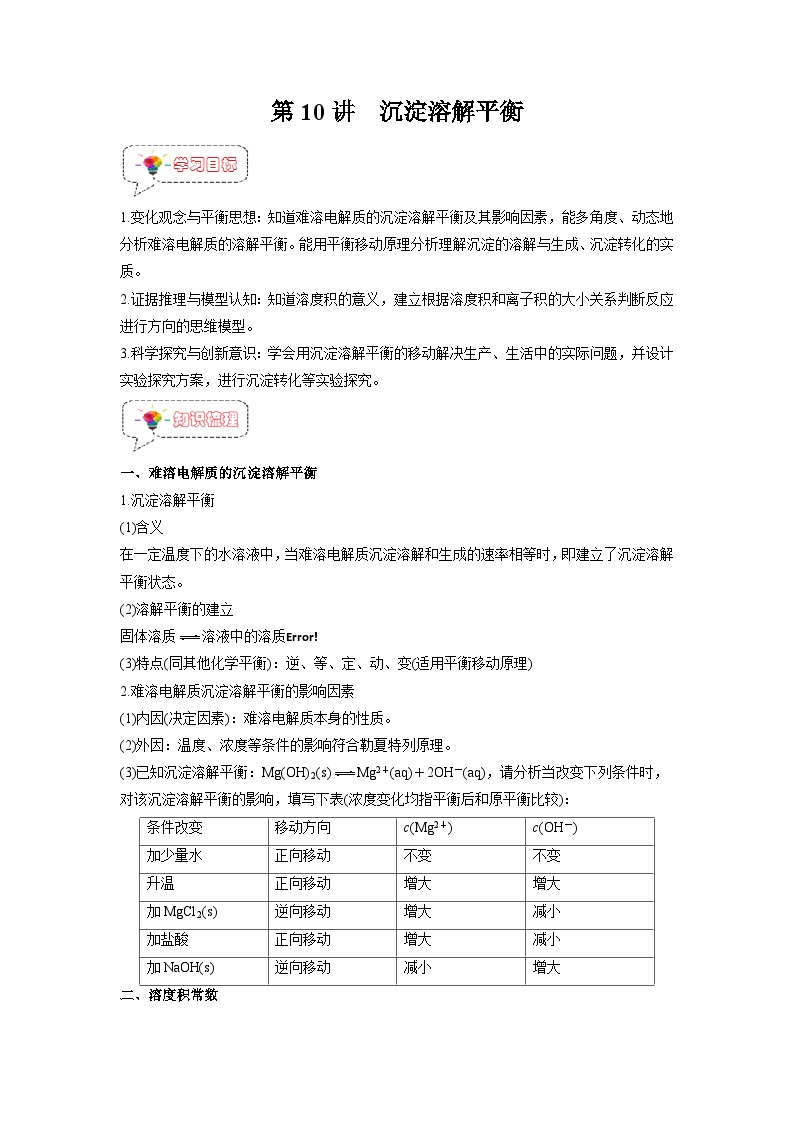 人教A版高二化学上册选择性必修一试卷讲义第10讲  沉淀溶解平衡  -【暑假衔接】新高二化学暑假精品课（人教版）（学生版）