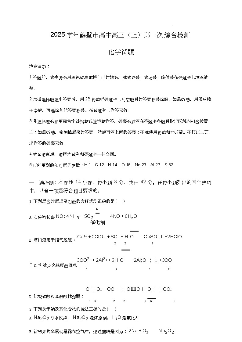 河南省鹤壁市高中2024-2025学年高三上学期第一次综合检测化学试题+答案第1页