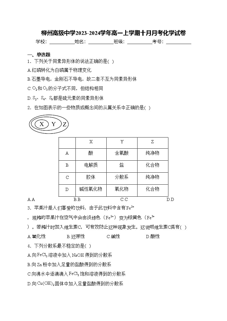 柳州高级中学2023-2024学年高一上学期十月月考化学试卷(含答案)第1页