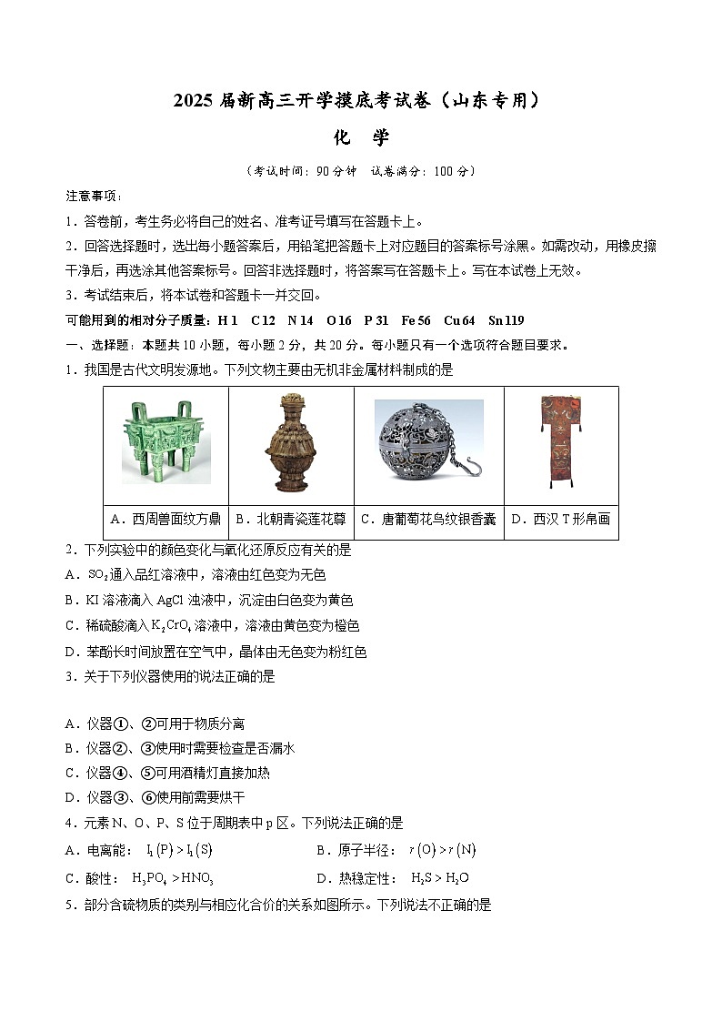 【开学考】2024秋高三上册开学摸底考试卷 化学(山东专用)01