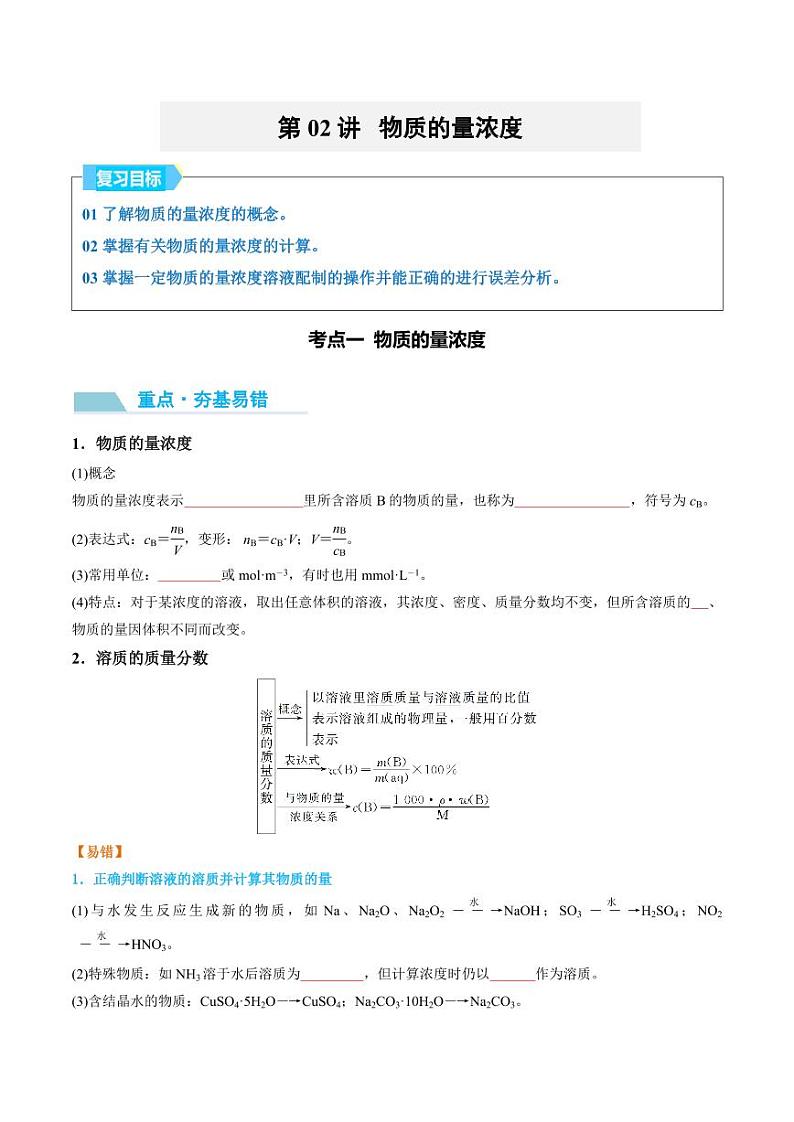 第02讲 物质的量浓度-2025年高考化学大一轮复习卓越讲义(学生版)第1页