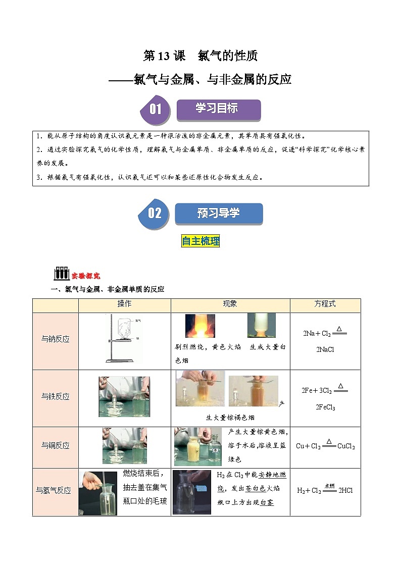 第13讲 2.5氯气的性质——氯气与金属、与非金属的反应-2024年高中化学同步精品讲义(人教版必修一)01