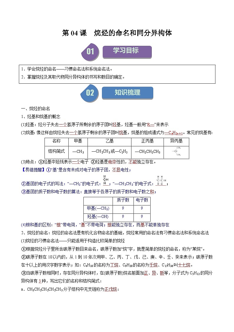 第04讲 烷烃的命名和同分异构体-2024年高中化学同步精品讲义(人教版选择性必修三)01