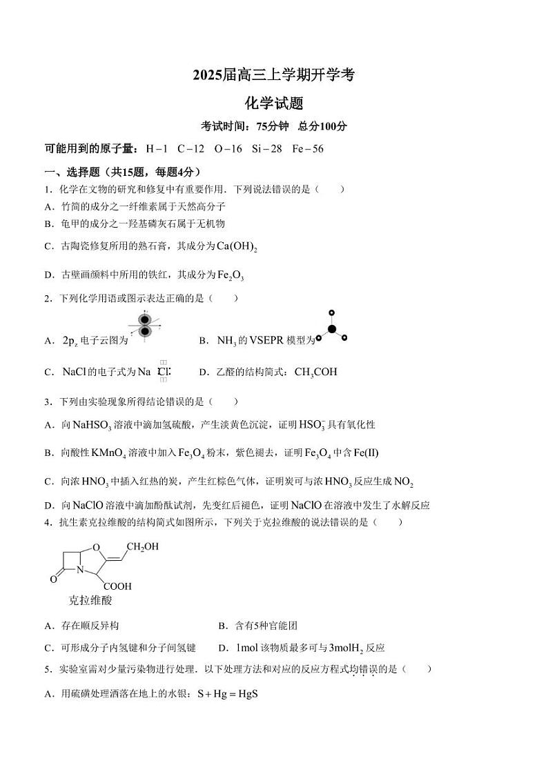 福建省龙岩一中2025届高三上学期开学考试化学试题第1页