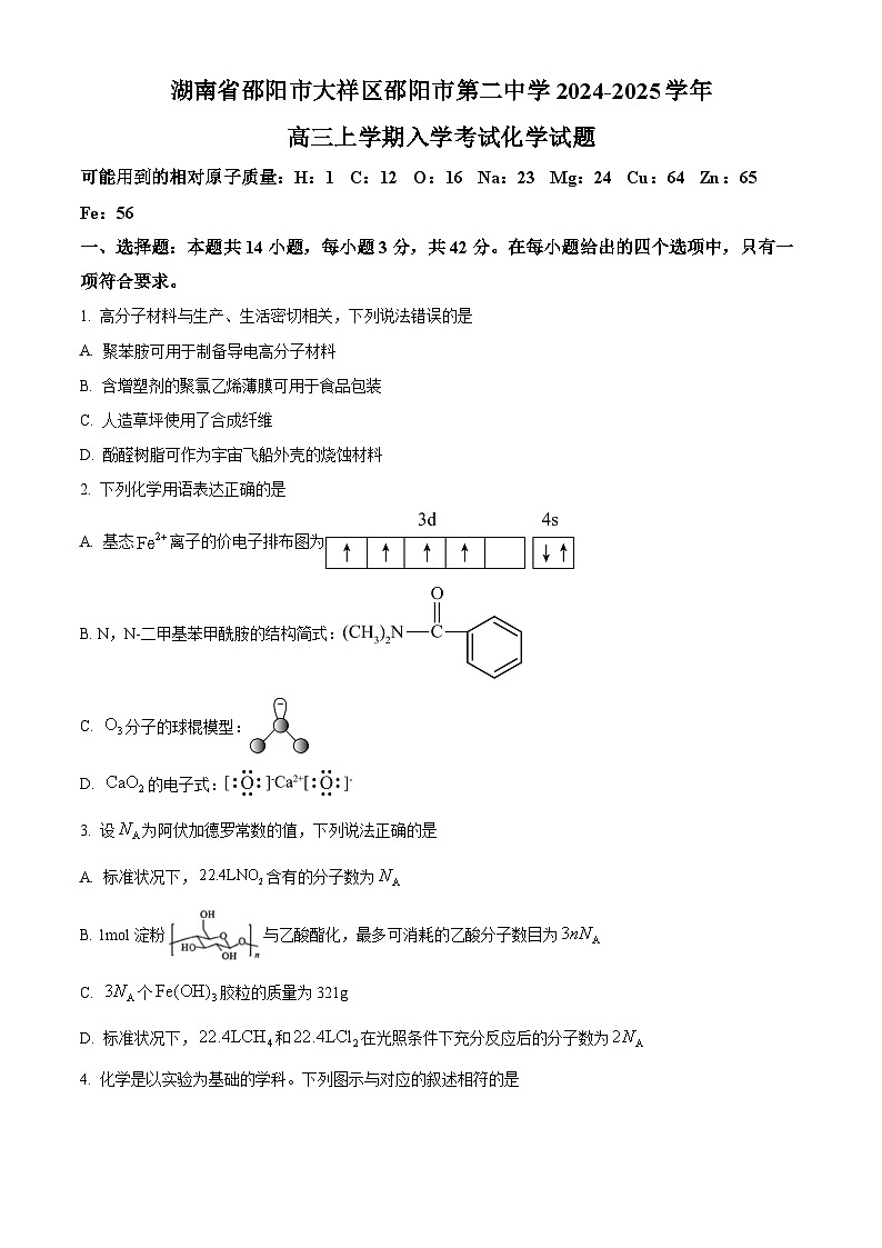 湖南省邵阳市大祥区邵阳市第二中学2024-2025学年高三上学期入学考试化学试题(原卷版)第1页
