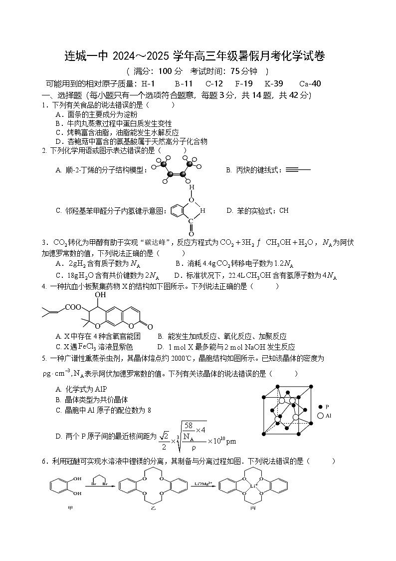 福建省龙岩市连城县第一中学2024-2025学年高三上学期开学考试化学试题01