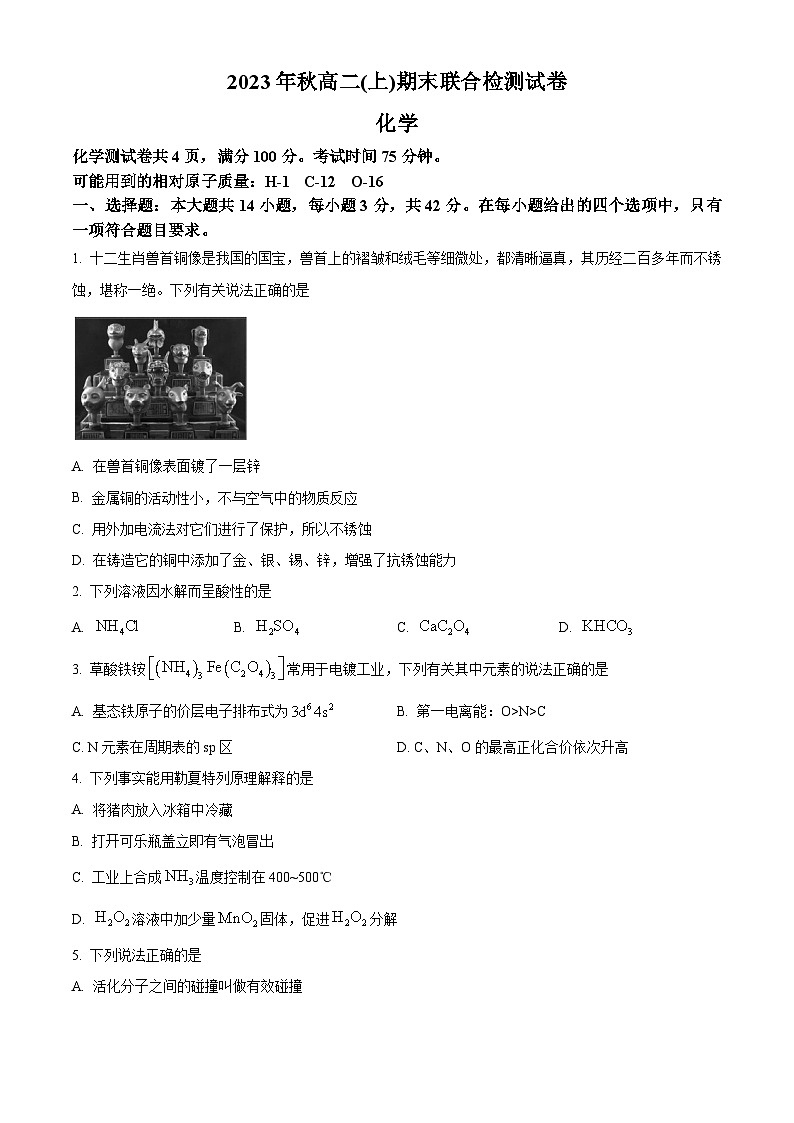 重庆市2023-2024学年高二上学期1月期末化学试题(原卷版)第1页