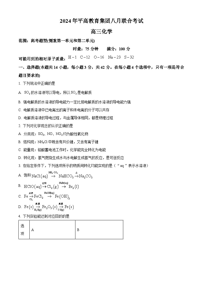 湖南省长沙市平高教育集团2024-2025学年高三上学期八月联合考试 化学试题(原卷版)第1页