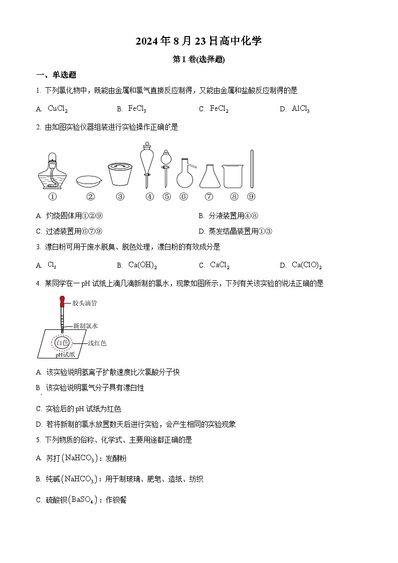 山東省泰安市泰山外國語學(xué)校復(fù)讀部2024-2025學(xué)年高三上學(xué)期8月測試化學(xué)試題（原卷版）第1頁