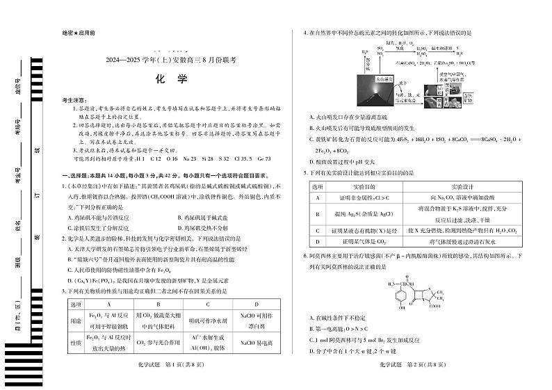 安徽省部分学校2024-2025学年高三上学期8月联考化学试题01