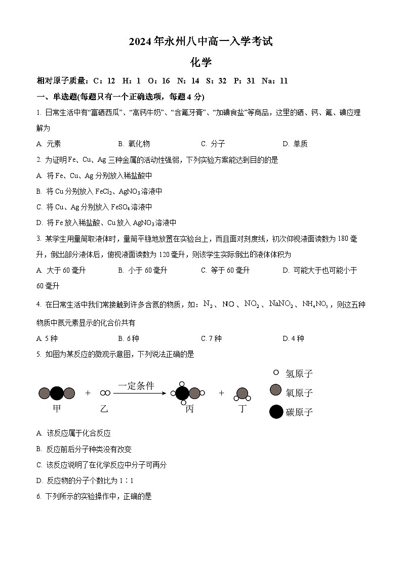 湖南省永州市第八中学2024-2025学年高一上学期入学考试化学试题(原卷版)第1页