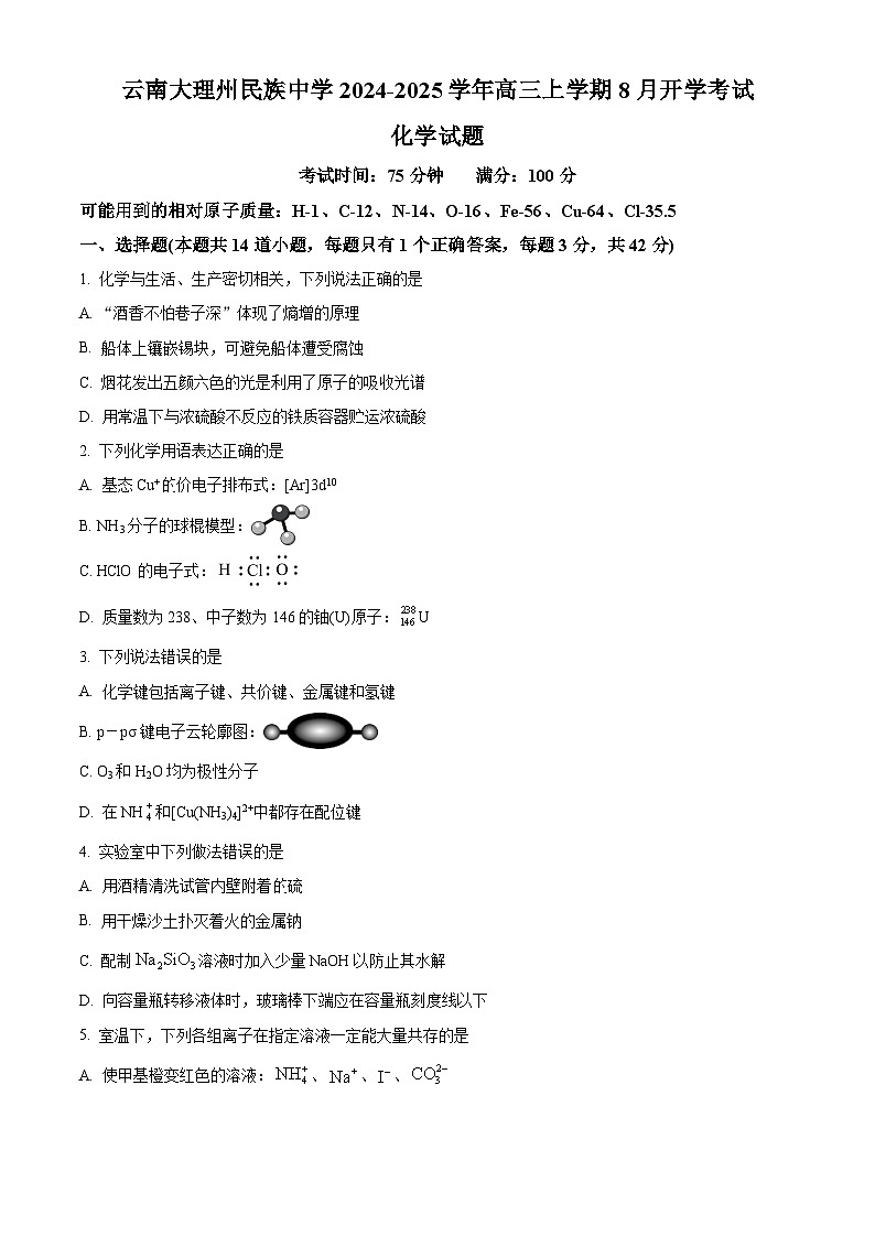 云南省大理白族自治州民族中学2024-2025学年高三上学期开学考试化学试题(原卷版)01