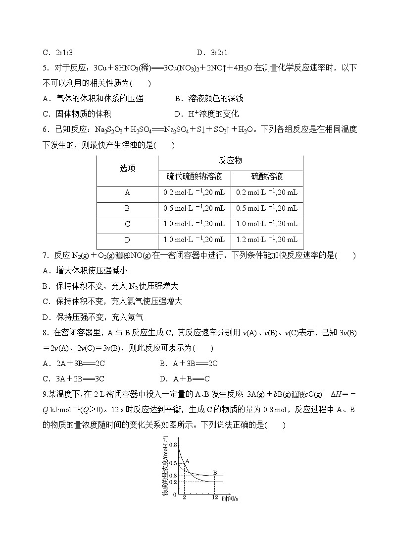 沪科版2020高二化学选择性必修第一册 2.3化学反应速率 分层练习02