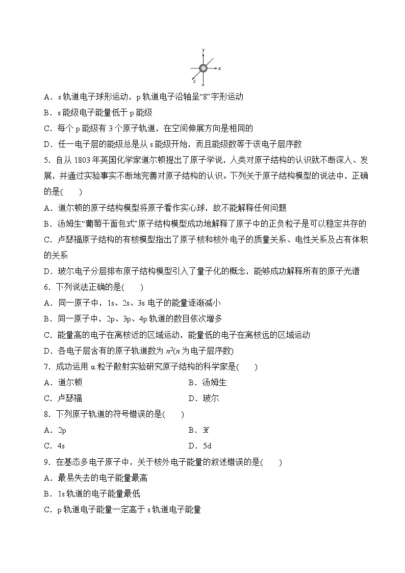苏教版2019高二化学选择性必修第二册2.1.1人类对原子结构的认识+原子核外电子的远动规律(分层练习)02