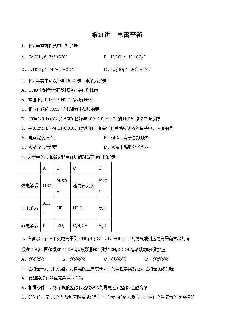 新高考化学一轮复习讲与练 第21讲  电离平衡(练)(2份打包,原卷版+解析版)01