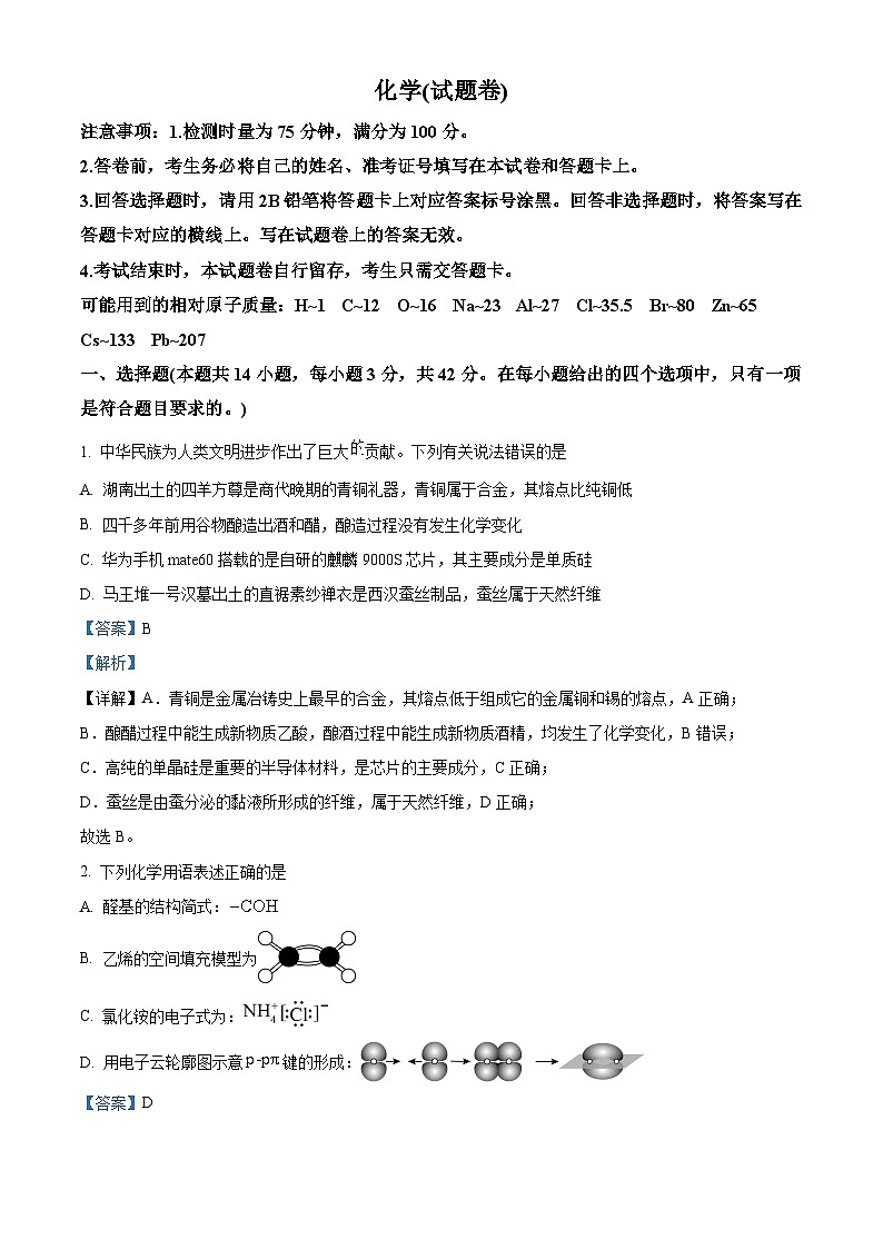 湖南省益阳市2025届高三上学期9月第一次教学质量检测 化学试题(解析版)第1页