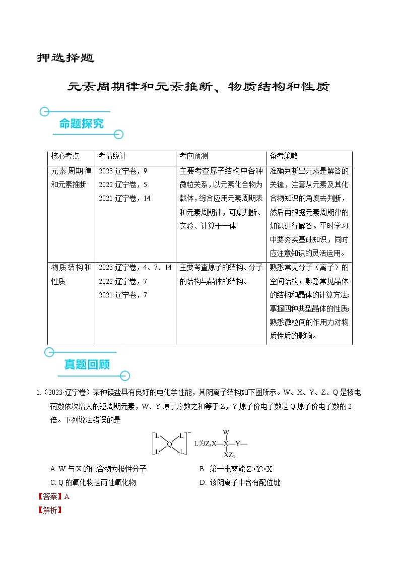 (黑吉辽通用)新高考化学三轮冲刺强化练习 选择题 元素周期律和元素推断 物质结构和性质(2份打包,原卷版+解析版)01