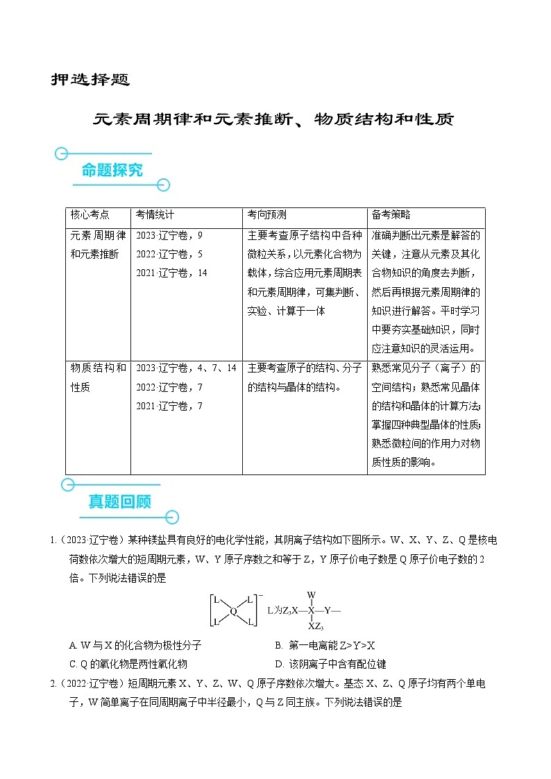 (黑吉辽通用)新高考化学三轮冲刺强化练习 选择题 元素周期律和元素推断 物质结构和性质(2份打包,原卷版+解析版)01