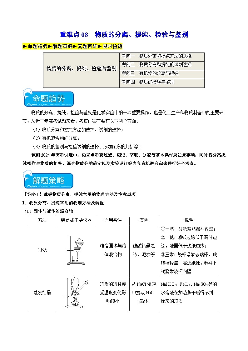 新高考化学二轮复习强化练习重难点08 物质的分离、提纯、检验与鉴别(2份打包,原卷版+解析版)01