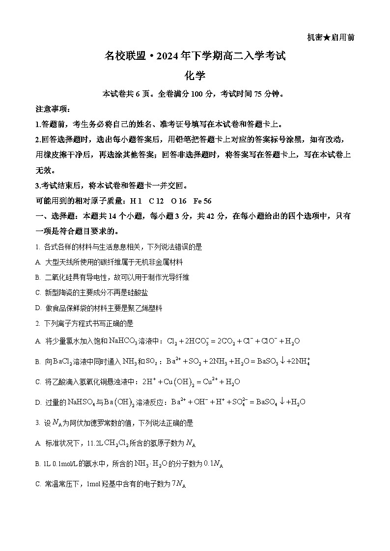 湖南名校联盟2024-2025学年高二上学期入学考试化学试题(原卷版)第1页