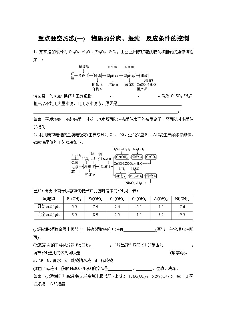 新高考化学二轮复习讲义 第1部分 专题突破 大题突破3 重点题空热练(一) 物质的分离、提纯 反应条件的控制01