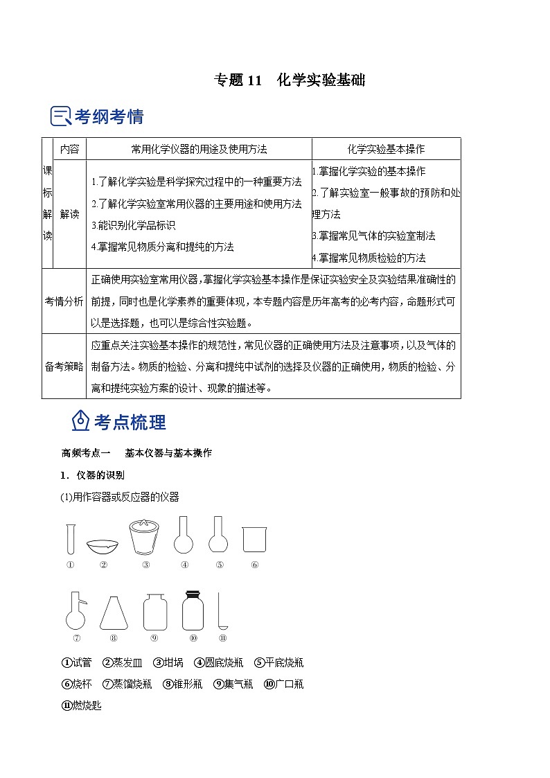 新高考化学二轮复习讲练测专题11 化学实验基础(讲)(解析版)01