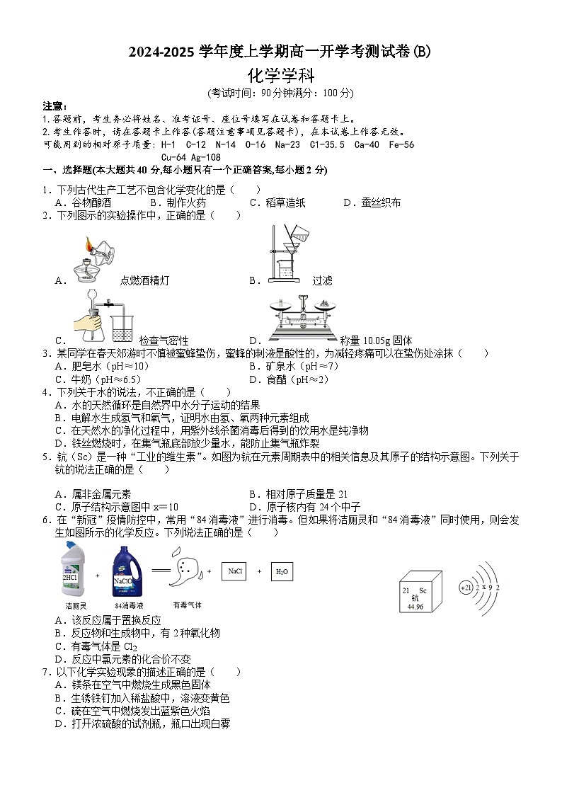 广西崇左市广西大学附属中学2024-2025学年高一上学期开学检测化学试题(B)01