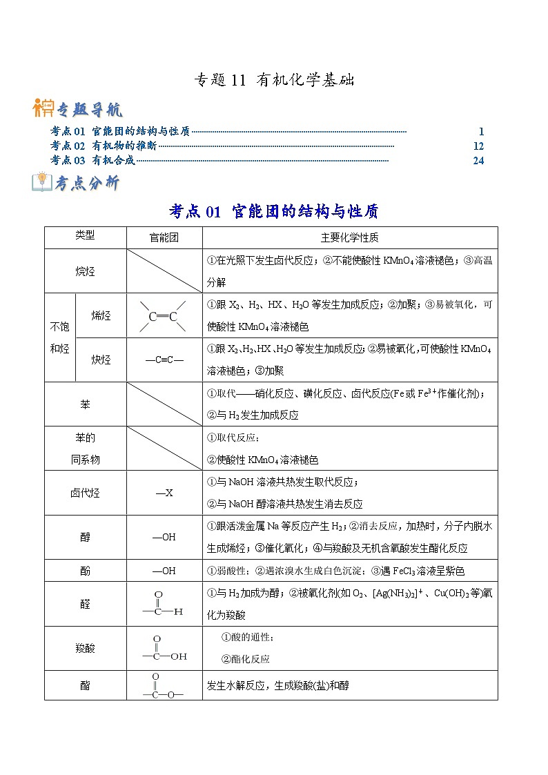 新高考化学二轮复习考点提升讲与练专题11 有机化学基础(专讲)(解析版)01