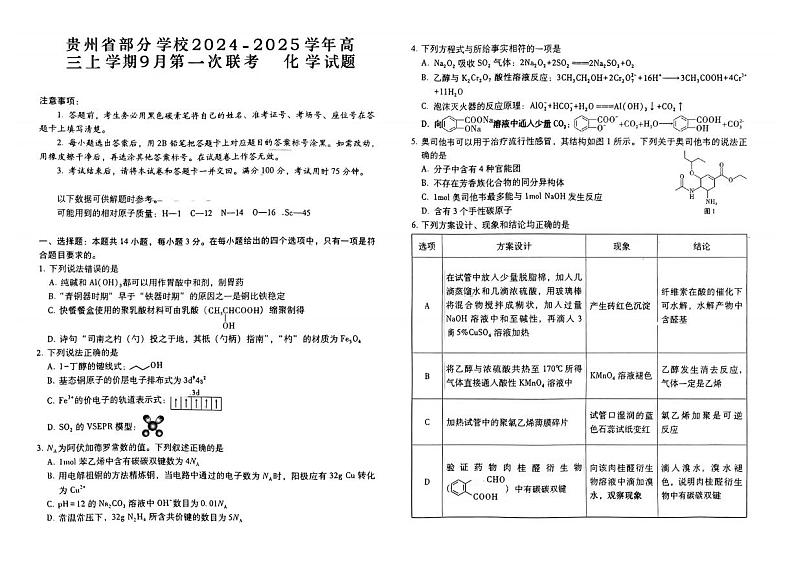 贵州省部分学校2024-2025学年高三上学期9月第一次联考 化学试题01