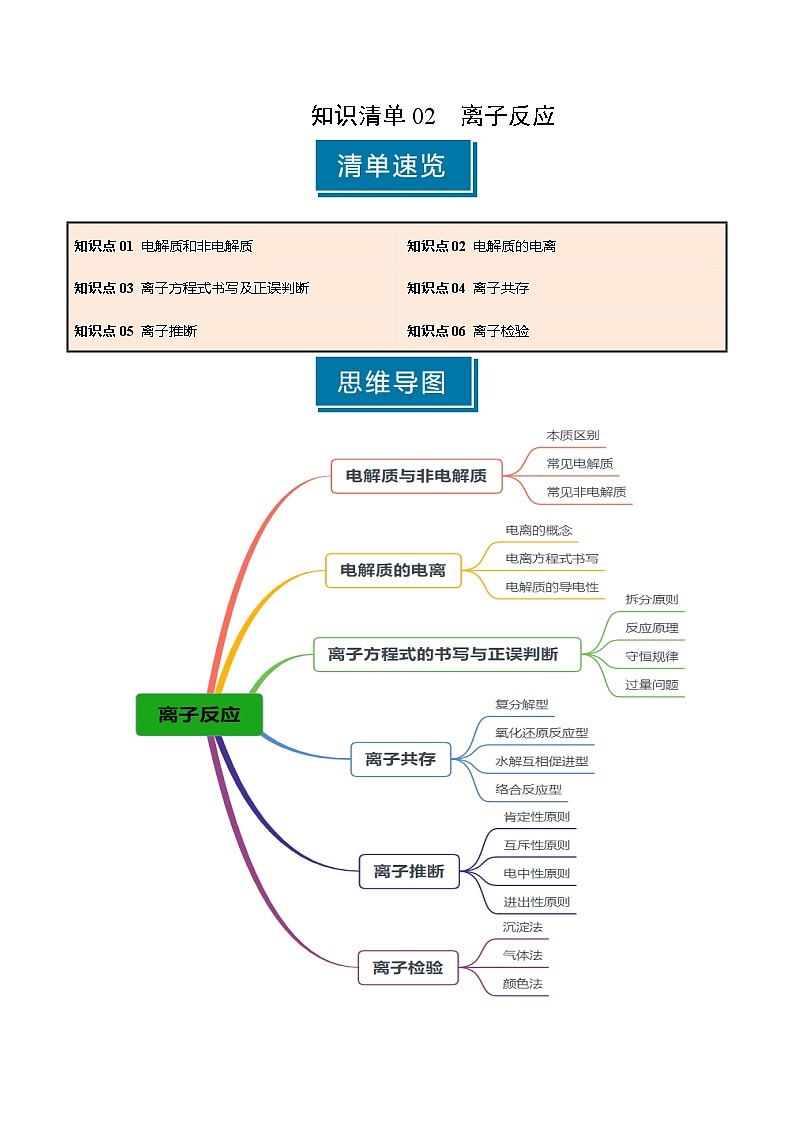 知识清单02 离子反应(含答案) 2025年高考化学一轮复习知识清单01
