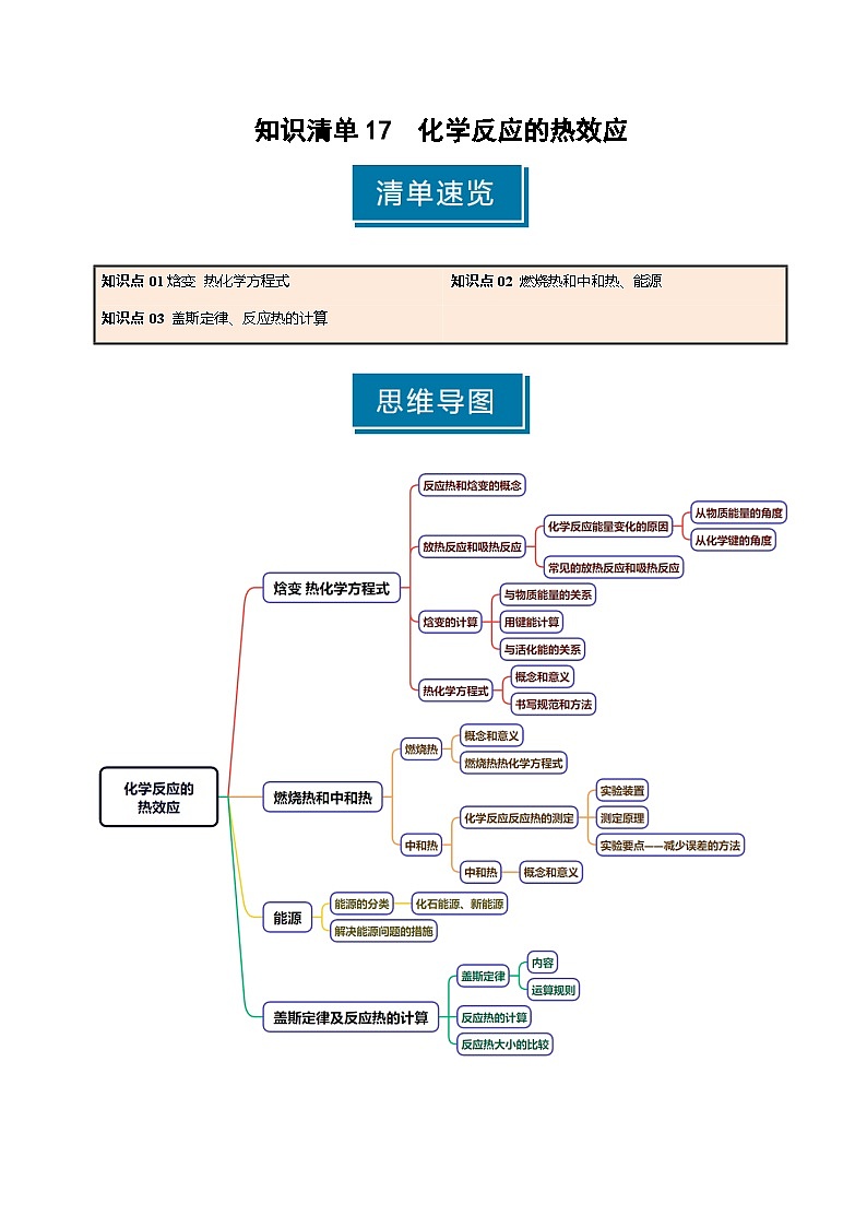 知识清单17 化学反应的热效应(教师版) 2025年高考化学一轮复习知识清单第1页