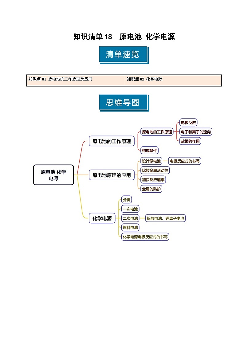 知识清单18 原电池 化学电源(学生版) 2025年高考化学一轮复习知识清单第1页