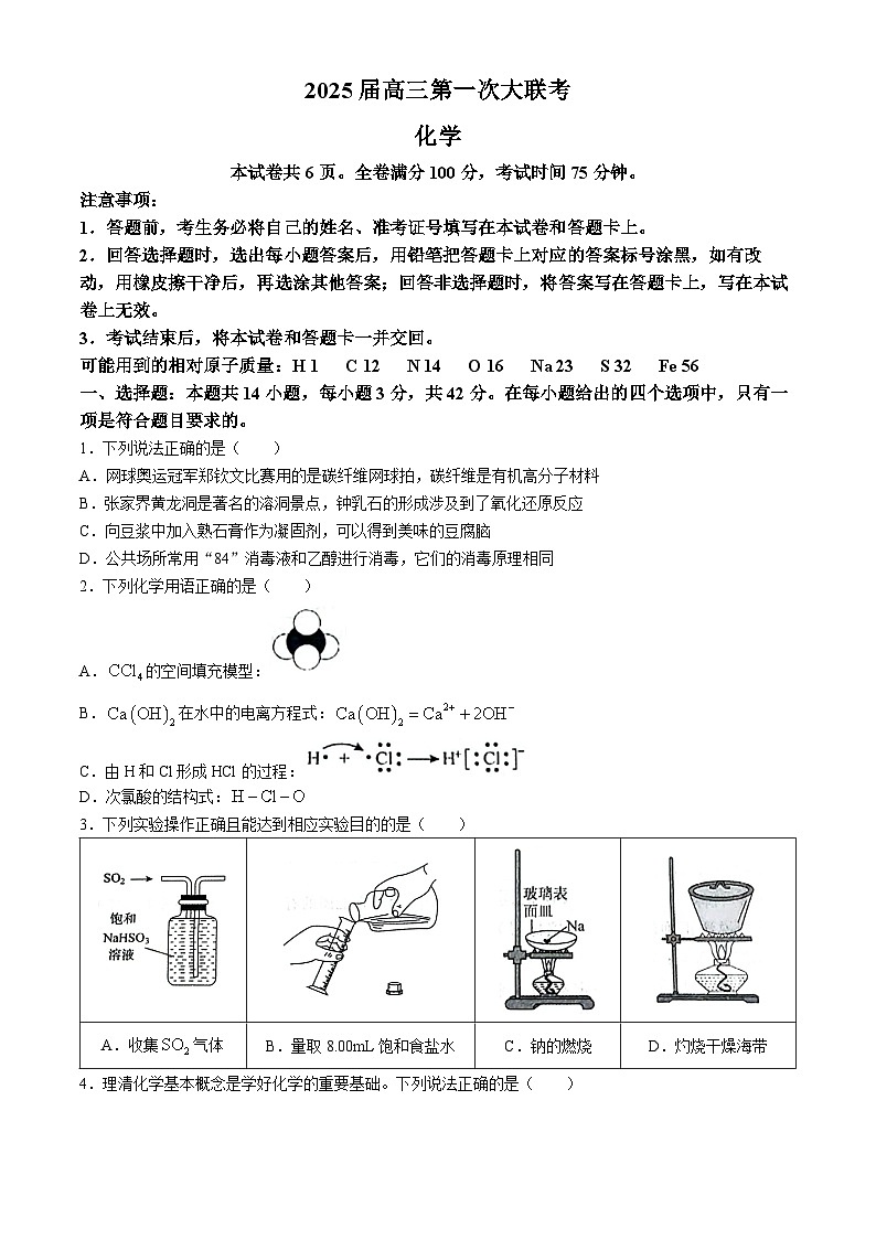 湖南省多校2024-2025学年高三上学期第一次大联考化学试题第1页