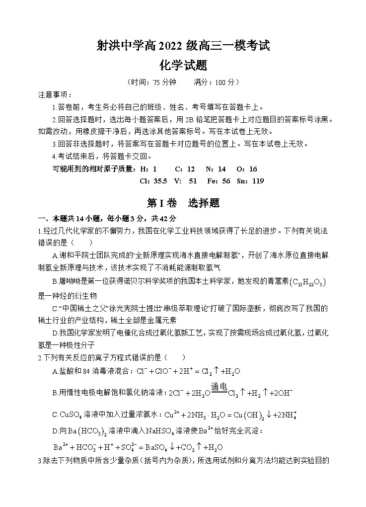 四川省遂宁市射洪中学2024-2025学年高三上学期一模化学试卷(Word版附答案)01
