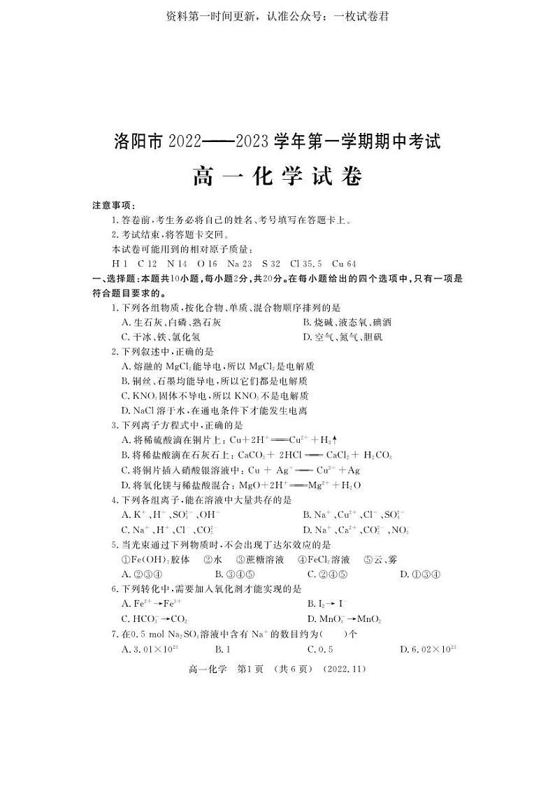 河南省洛阳市2022-2023学年高一上学期期中考试化学试题01