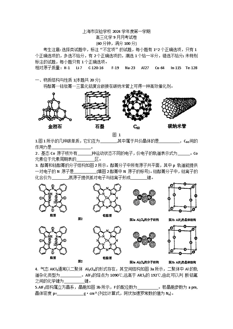 上海市实验学校2024-2025学年高三上学期9月月考 化学试卷第1页