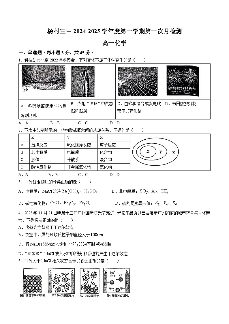 天津市天津市武清區(qū)楊村第三中學(xué)2024-2025學(xué)年高一上學(xué)期第一次月考檢測(cè) 化學(xué)試題(無(wú)答案)第1頁(yè)
