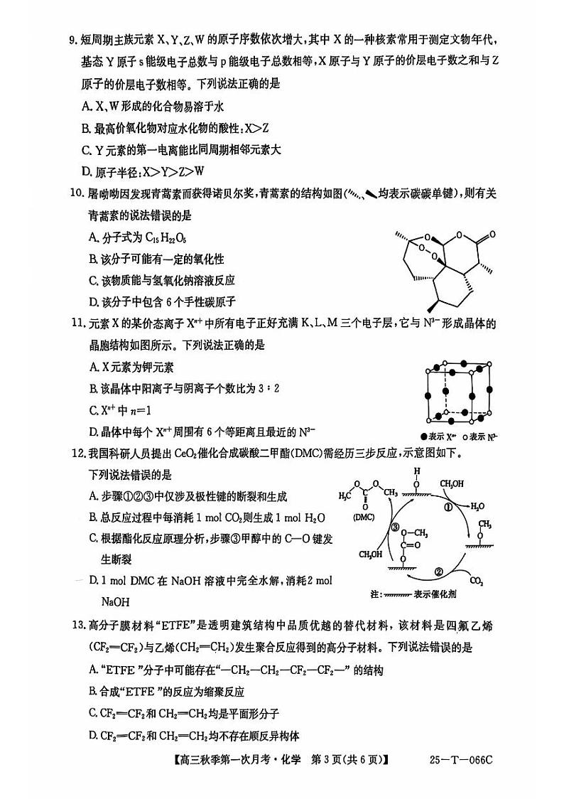 云南省楚雄东兴中学2024-2025学年高三上学期9月月考化学试题03