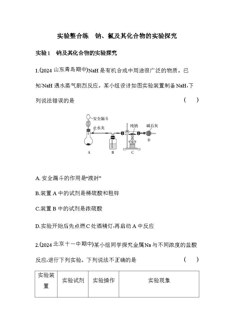 人教版高中化学必修第一册第二章海水中的重要元素——钠和氯实验整合练钠、氯及其化合物的实验探究含答案01