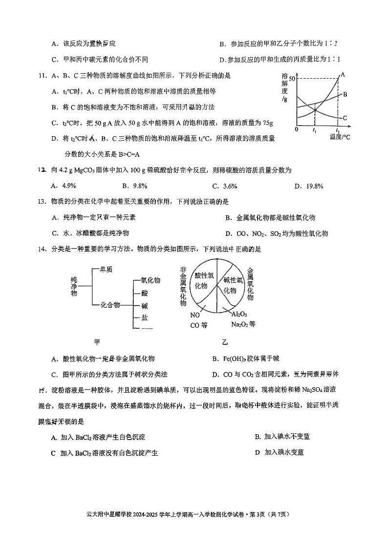 云南省昆明市云南大学附属中学星耀学校2024-2025年高一上学期入学检测化学试卷03
