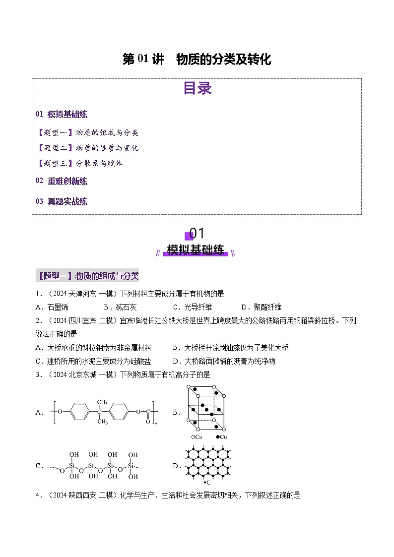 第01讲 物质的分类及转化(练习)(学生版) 2025年高考化学一轮复习讲练测(新教材新高考)第1页