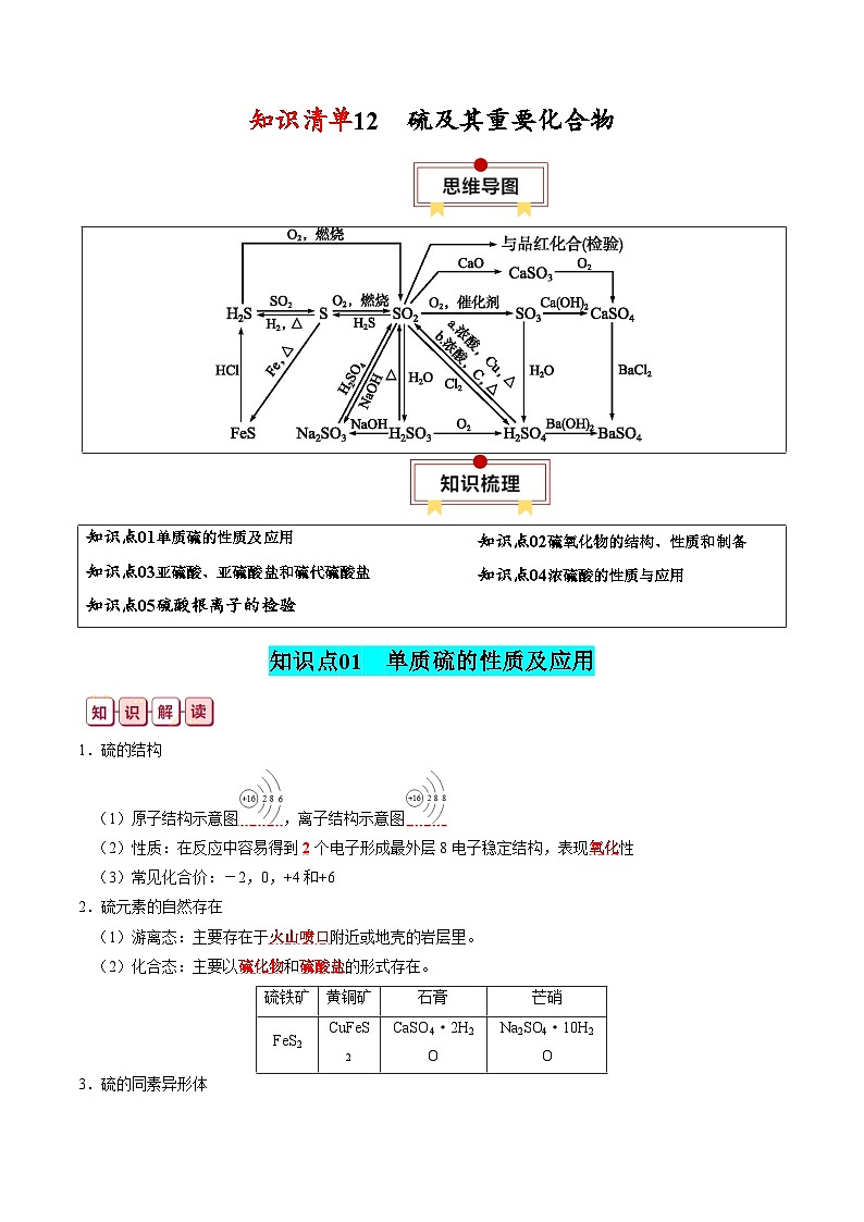 知識清單12  硫及其重要化合物-【復習清單】2024年高考化學一輪復習知識清單第1頁