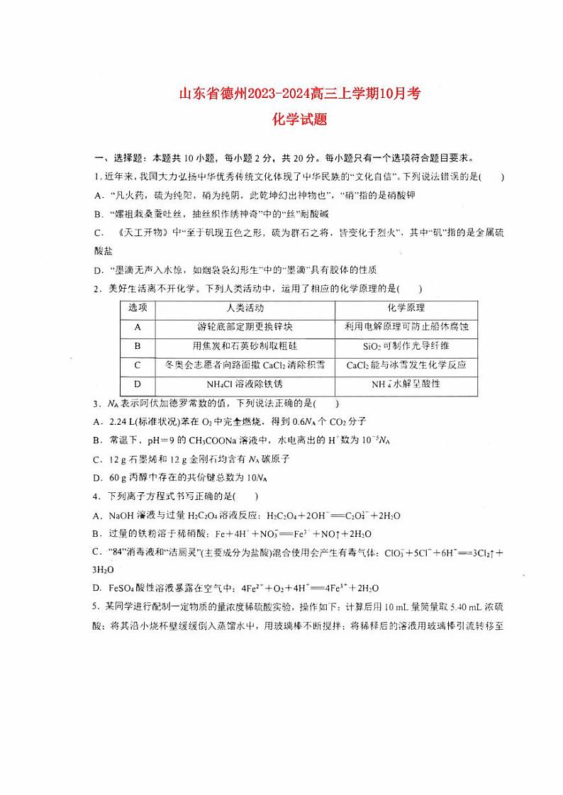 山东省德州2023_2024高三化学上学期10月月考试题pdf第1页