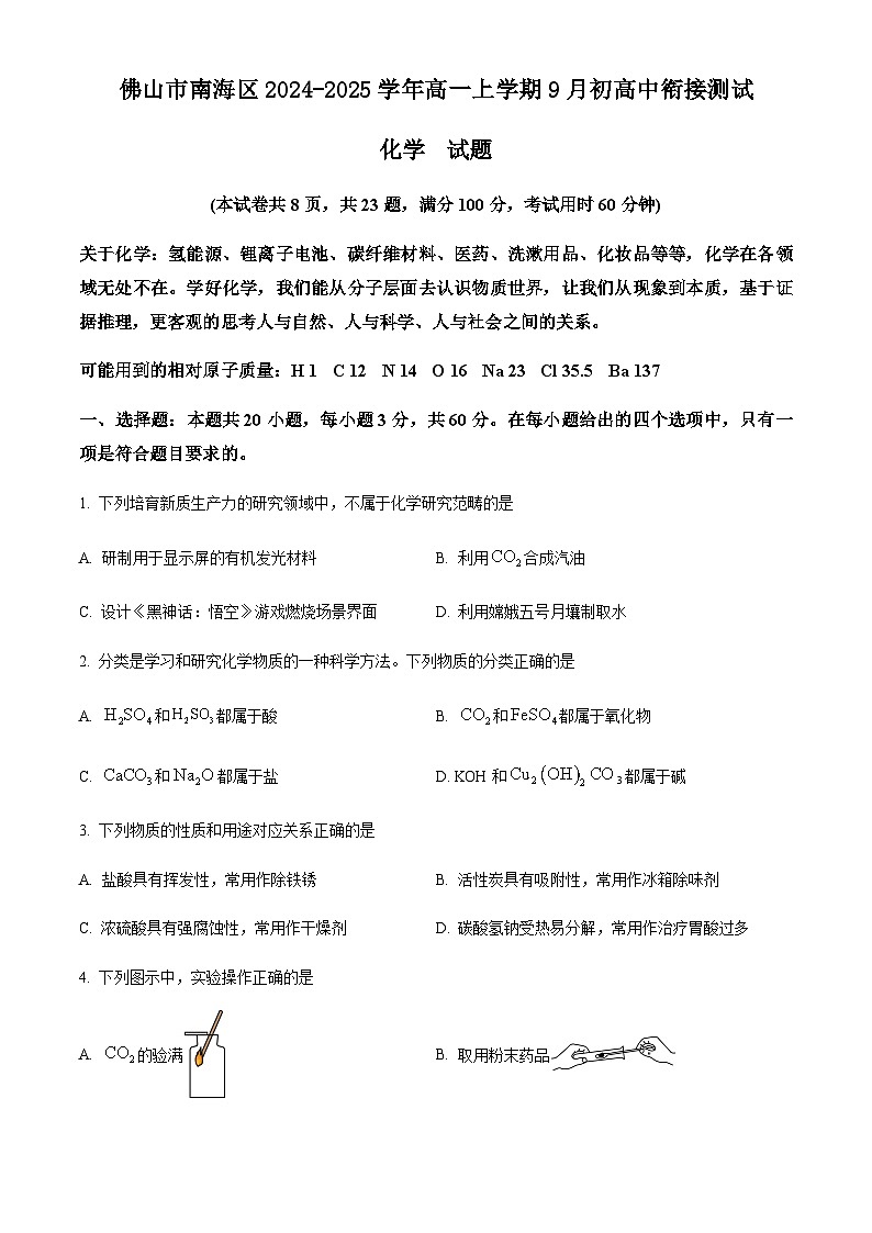 广东省佛山市南海区2024-2025学年高一上学期9月初高中衔接测试化学试题  Word版含答案第1页