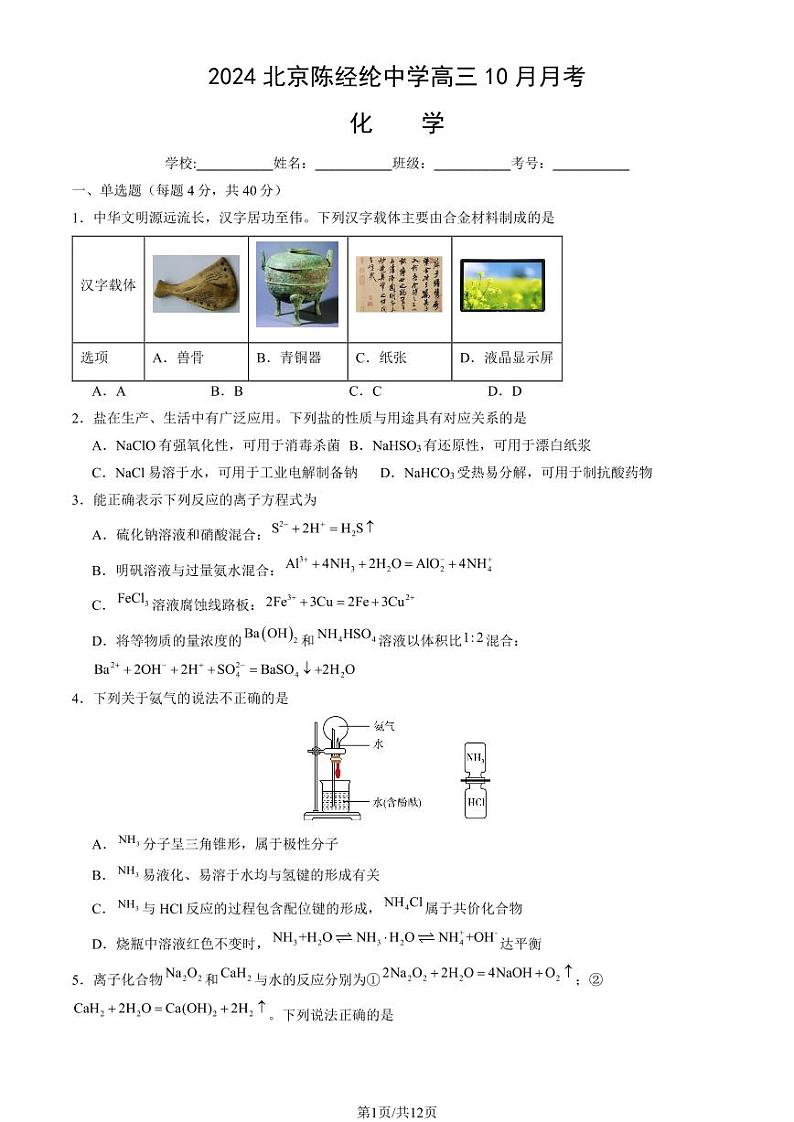 2024北京陈经纶中学高三10月月考化学试题第1页